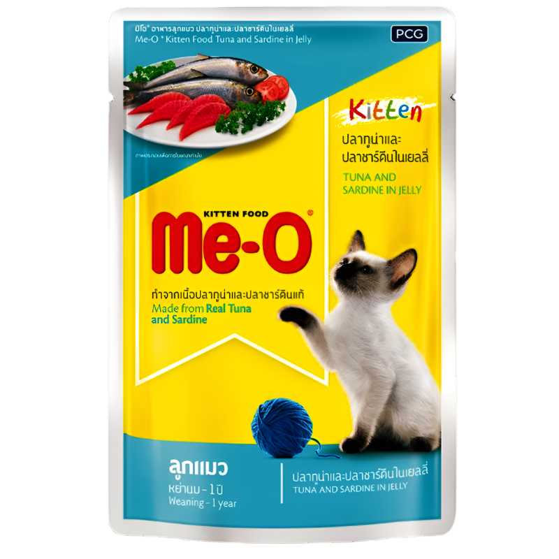 ອາຫານເເມວ Me-O Kitten Food Tuna And Sardine in Jelly Made From Real Tuna And Sardine For Weaning-1Year 80g