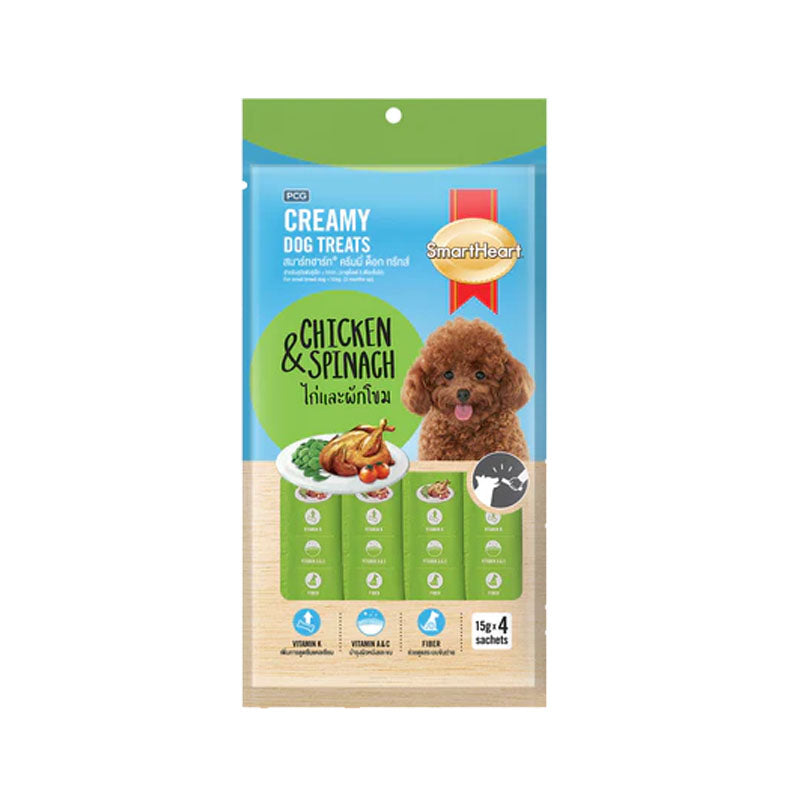 Smart Heart Creamy Dog Treats Chicken and Spinach Dog Flavor 15g x 4 Sachets