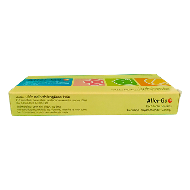 Aller-Go Cetirizine Each tablet Contains Cetirizine Dihydrochloride 10 mg. boxes of 10 tablets