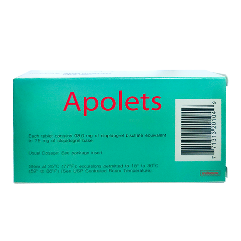 Apolets Clopidogrel bisulfate equivalent to 75 mg of clopidogrel base boxes of 30 tablets