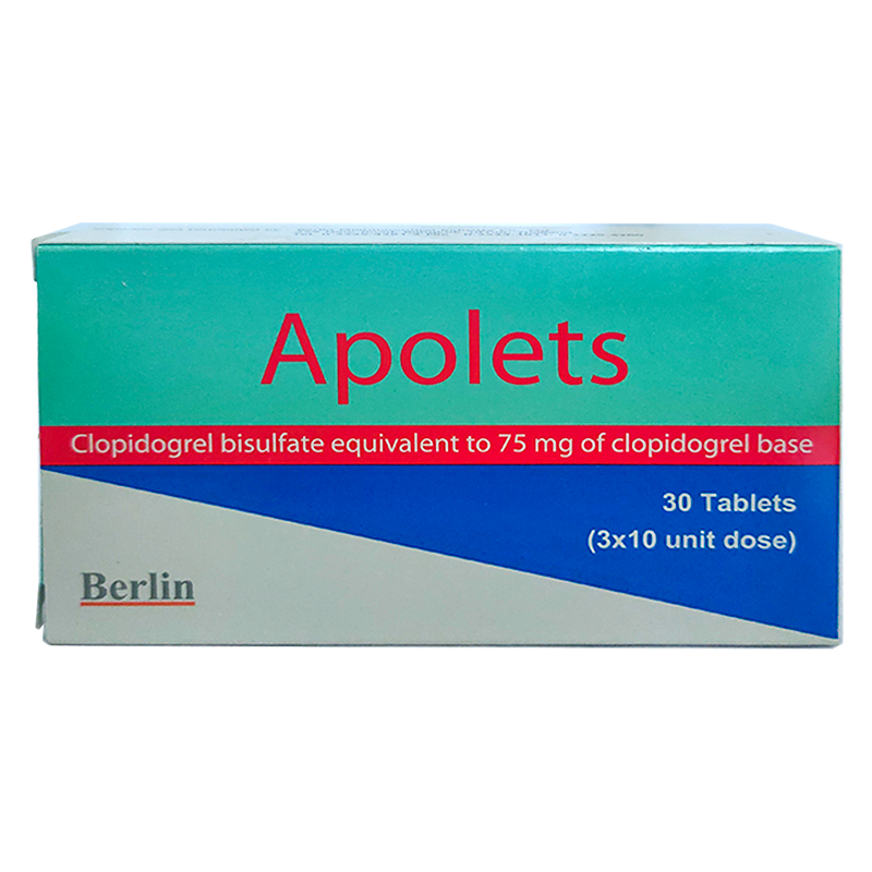 Apolets Clopidogrel bisulfate equivalent to 75 mg of clopidogrel base boxes of 30 tablets