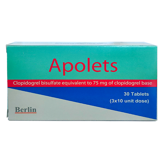 Apolets Clopidogrel bisulfate equivalent to 75 mg of clopidogrel base boxes of 30 tablets