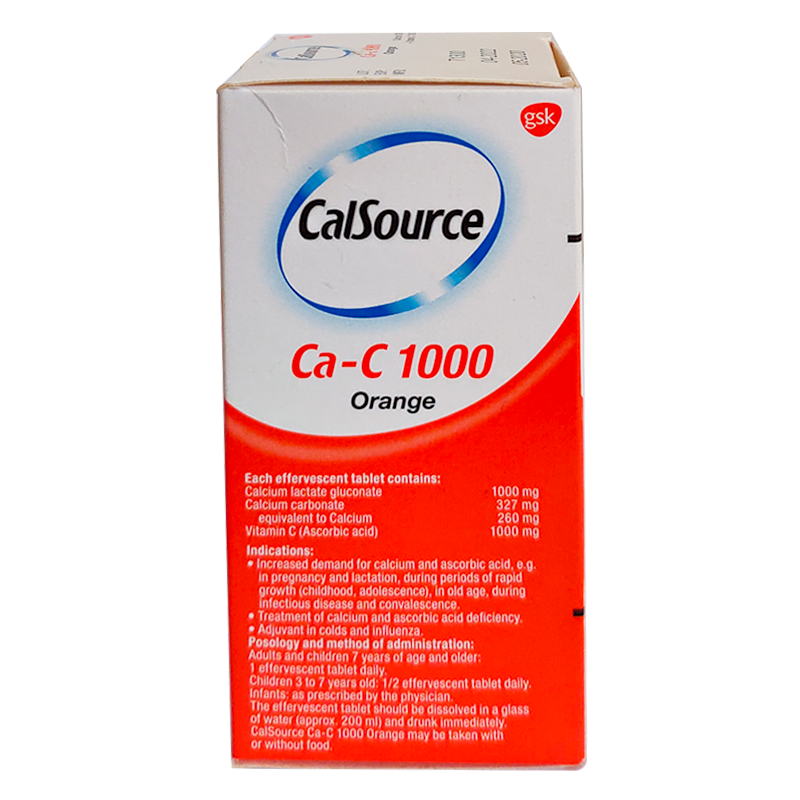 CalSource Ca-C 1000 Calcium 260 mg and Vitamin C 1000 mg Orange flavoured boxes of 10 effervescent tablets