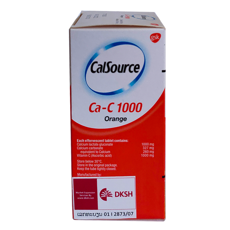 CalSource Ca-C 1000 Calcium 260 mg and Vitamin C 1000 mg Orange flavoured boxes of 10 effervescent tablets