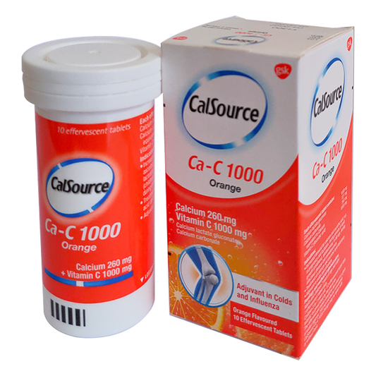 CalSource Ca-C 1000 Calcium 260 mg and Vitamin C 1000 mg Orange flavoured boxes of 10 effervescent tablets