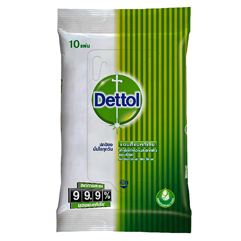 Dettol Antibacterial Wet Wipe ຖົງ 10 ແຜ່ນ