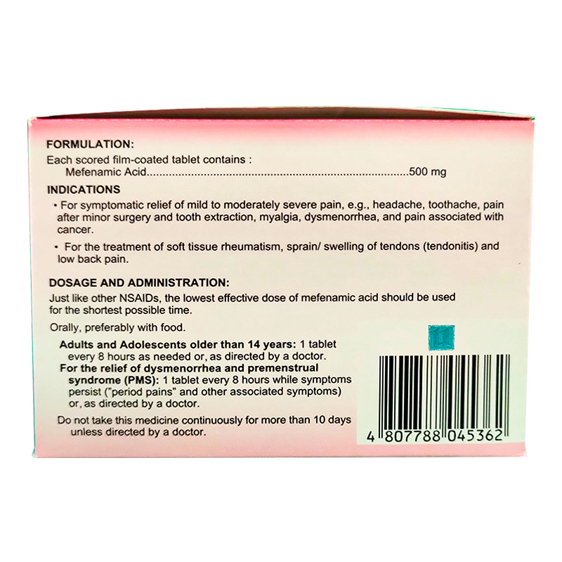 Dolfenal Mefenamic Acid Non-Steroidal Anti-Inflammatory Drug ກ່ອງບັນຈຸ 100 ເມັດ