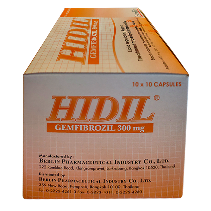 HIDIL Gemfibrozil 300 mg Lipid regulating Agent Treatment hyperlipoproteinemia ກ່ອງບັນຈຸ 100 ແຄບຊູນ