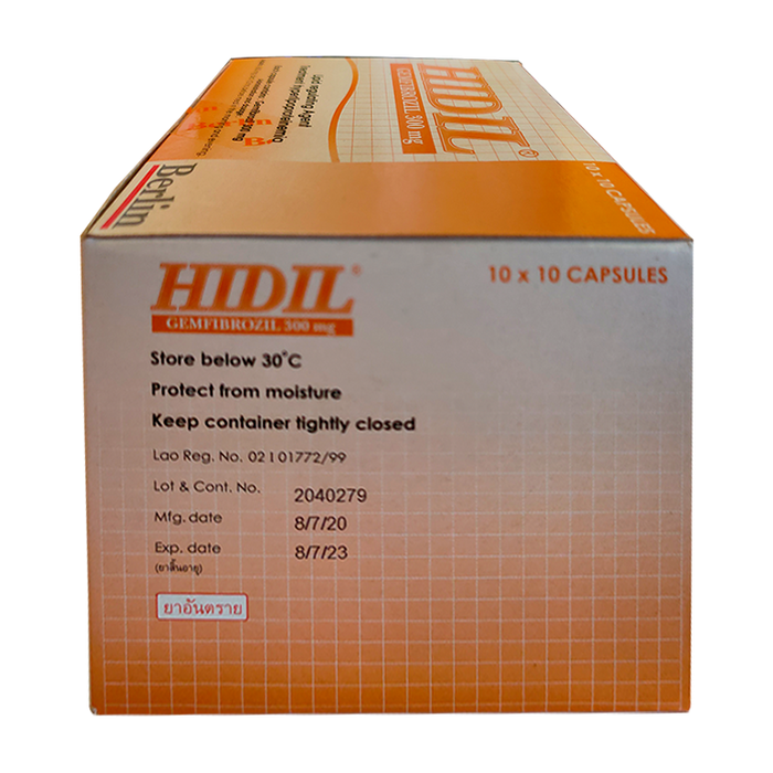 HIDIL Gemfibrozil 300 mg Lipid regulating Agent Treatment hyperlipoproteinemia ກ່ອງບັນຈຸ 100 ແຄບຊູນ