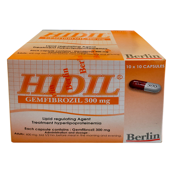 HIDIL Gemfibrozil 300 mg Lipid regulating Agent Treatment hyperlipoproteinemia boxes of 100 capsules