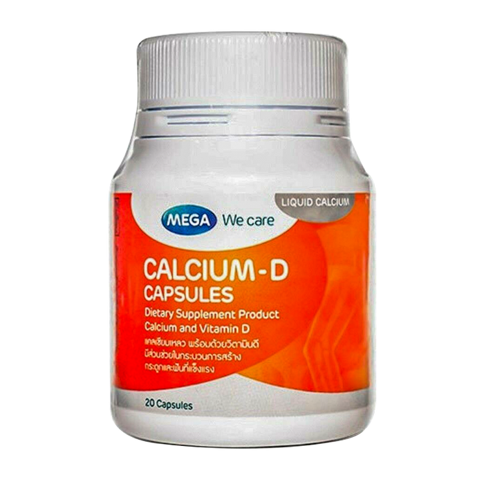 Mega We Care Calcium-D Capsules ຜະລິດຕະພັນອາຫານເສີມ ແຄລຊຽມ ແລະ ວິຕາມິນດີ ກ່ອງລະ 20 ແຄບຊູນ