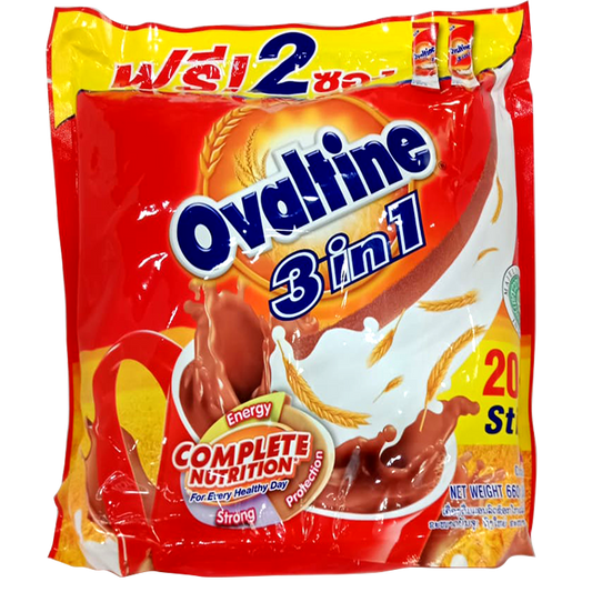 Ovaltine 3in1 Chocolate Flavour Malt Beveragel Size 30g Pack of 20+2Sticks