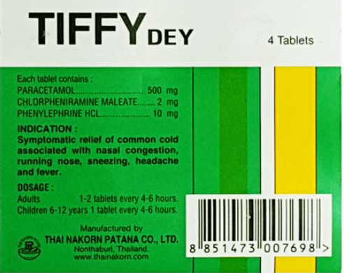 Tiffy Dey ຊອງ 4 ເມັດ (ຢາທີ່ມີປະສິດທິຜົນທີ່ແທ້ຈິງຕໍ່ກັບອາການຂອງຫວັດແລະໄຂ້ຫວັດໃຫຍ່ທີ່ທົດສອບໂດຍນັກທ່ອງທ່ຽວແລະແຂກຂອງປະເທດໄທແມ່ນຢາ Tiffi ຂອງໄທ.)